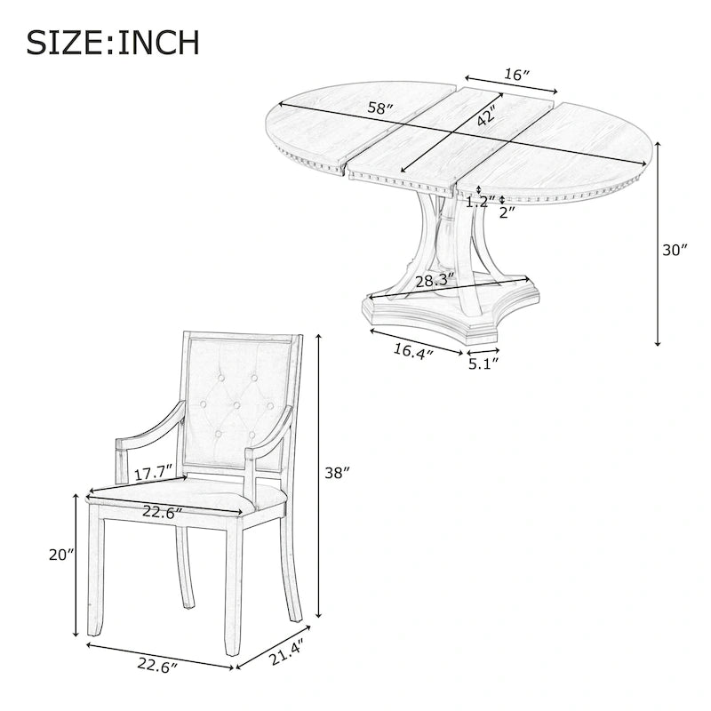 Table à manger ronde extensible et chaises rétro