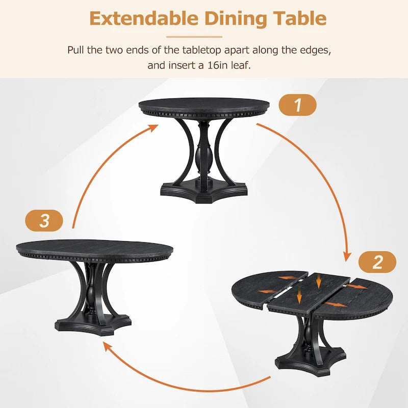 Table à manger ronde extensible et chaises rétro
