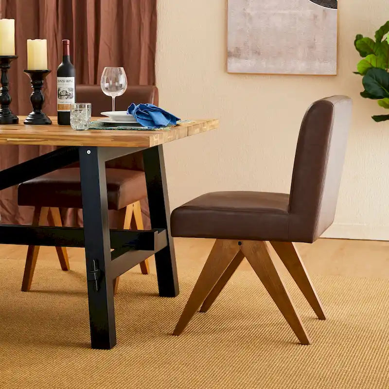 Chaise de salle à manger latérale rembourrée en similicuir avec pieds en bois en forme de V